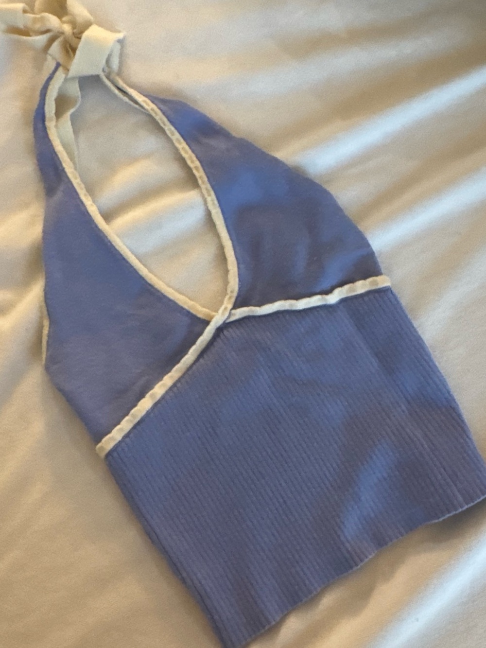 Kimchi Blue Blue Halter Ribbed Bandeau with Cream Trim